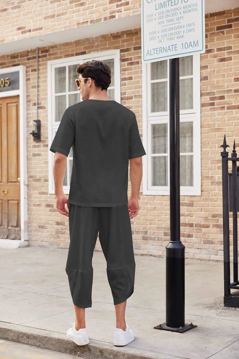 Men's Cotton Linen Shirt Set – Casual Beach Pajama Two-Piece