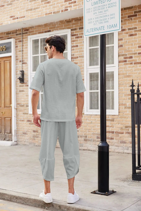 Men's Cotton Linen Shirt Set – Casual Beach Pajama Two-Piece