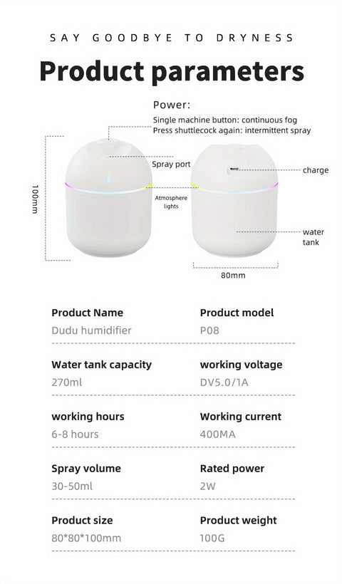 270ML Cool Mist Air Humidifier – USB Aroma Diffuser with LED Night Light
